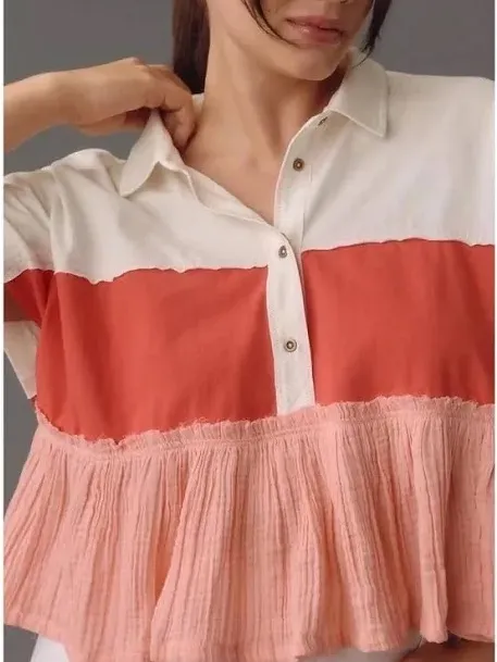 Pilcro White, Red & Peach Tiered Button-Front cap Sleeve Sz XXS Polo NWT - Image 2
