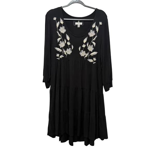 Cupio Womens Black Floral Embroidered Tiered Long Sleeve Mini Dress Large - Image 2
