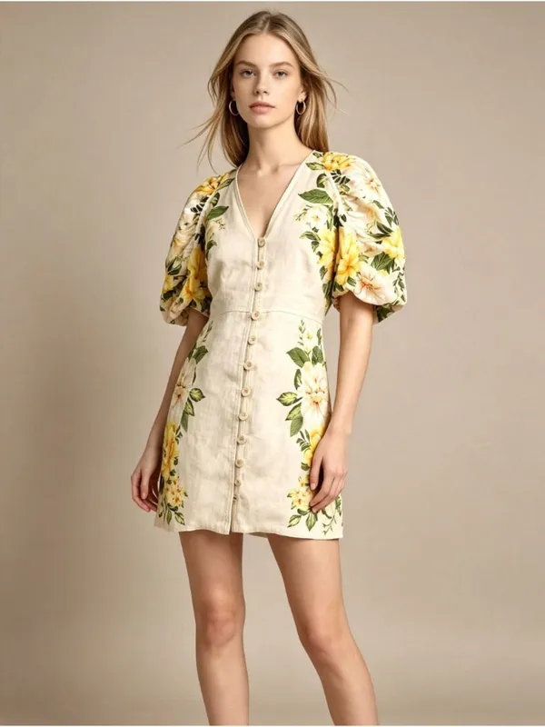 NWOT Farm Rio Linen Sand Garden Cascade Puff Sleeves Mini Dress Size M - Image 2