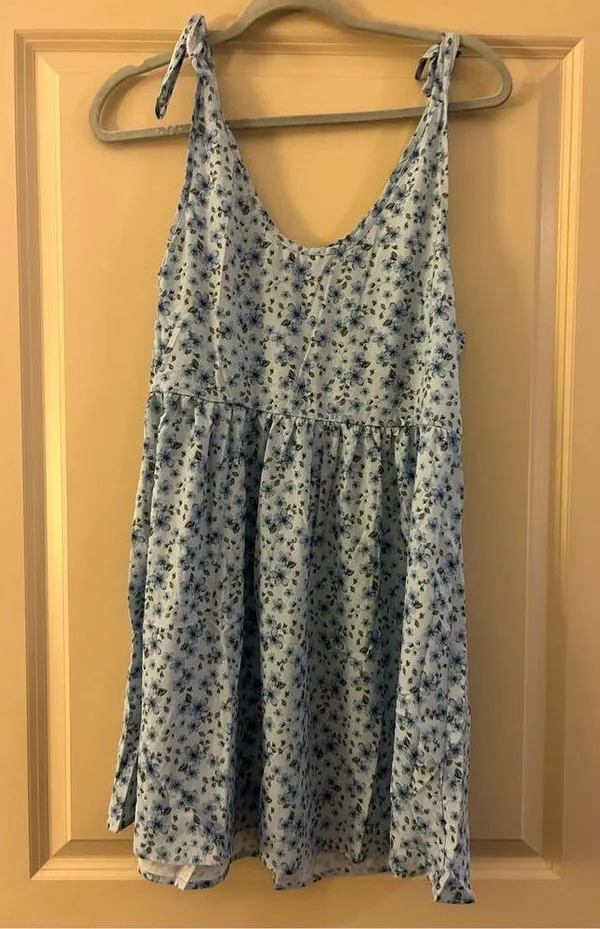 NEW Blue Floral Printed Shoulder Tie Strap Babydoll Dress L - Image 2