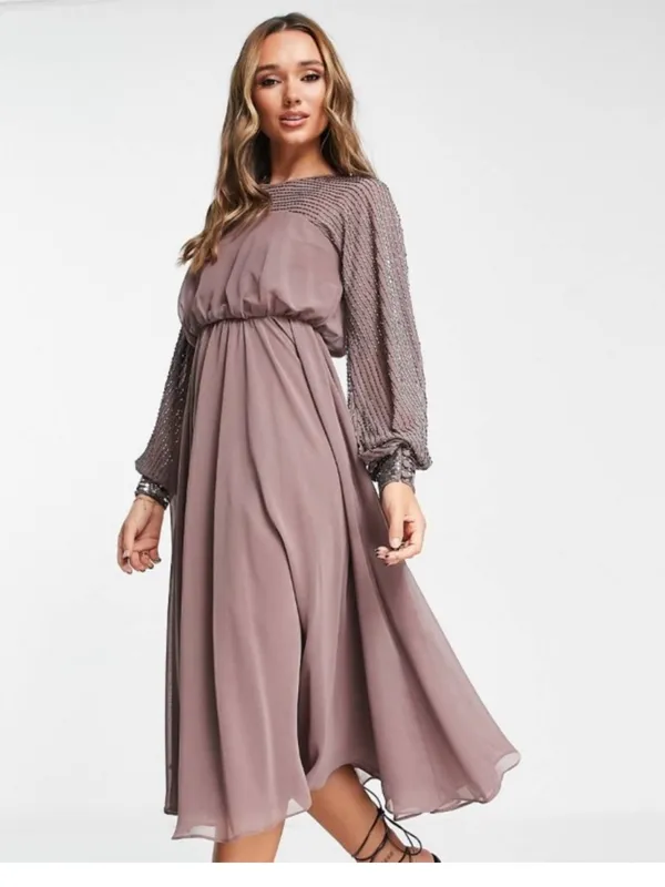 NEW ASOS DESIGN midi dress with linear yoke embellishment in mauve US 4 - Image 3