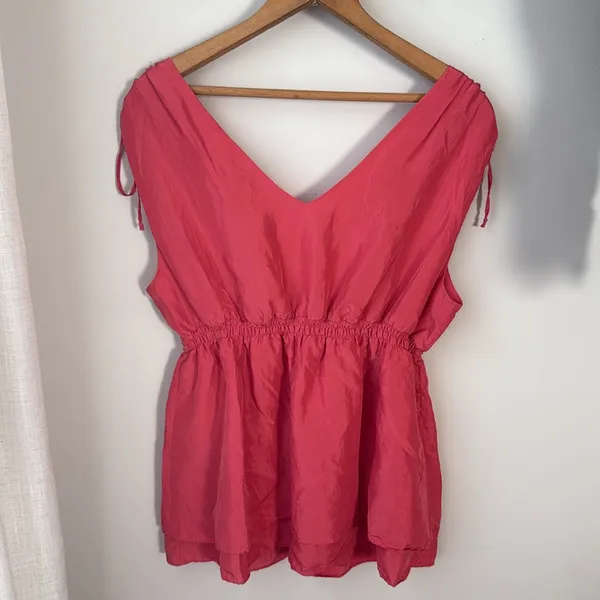 The Limited 100% Silk Coral Pink + Gold Beaded Layered Ruffle Blouson Tank Top - Image 3