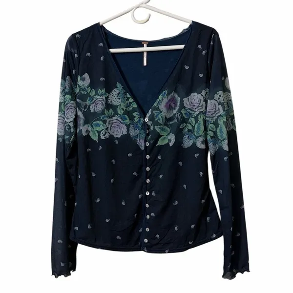 Free people Blue Floral Print Button Down Sheer/Mesh(Size Small) - Image 3