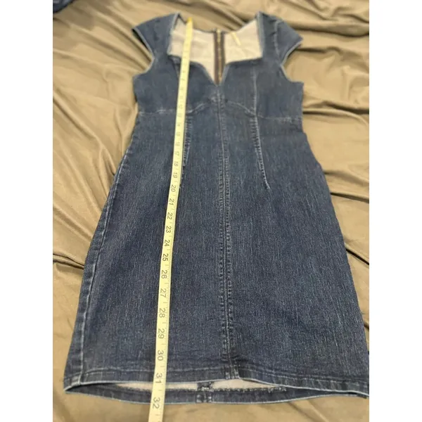 Free People Denim Mini Dress SzS Y2K Bodycon Sweetheart Dark Wash flutter sleeve - Image 6