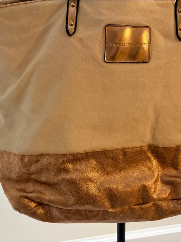 PINK Victoria's Secret Cream Canvas Tote with Rose Gold Metallic Base - Image 3