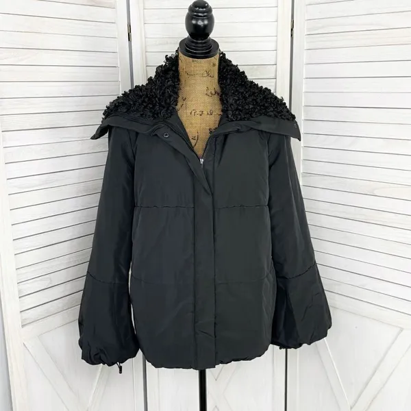 Simply Vera Puffer Jacket Faux Fur Collar Hood‎ Black Medium Balloon Sleeve - Image 2