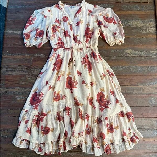 Fate Floral Ruffle Shoulder Puff Sleeve Tiered Midi Dress Size M 🧡🍄 - Image 7