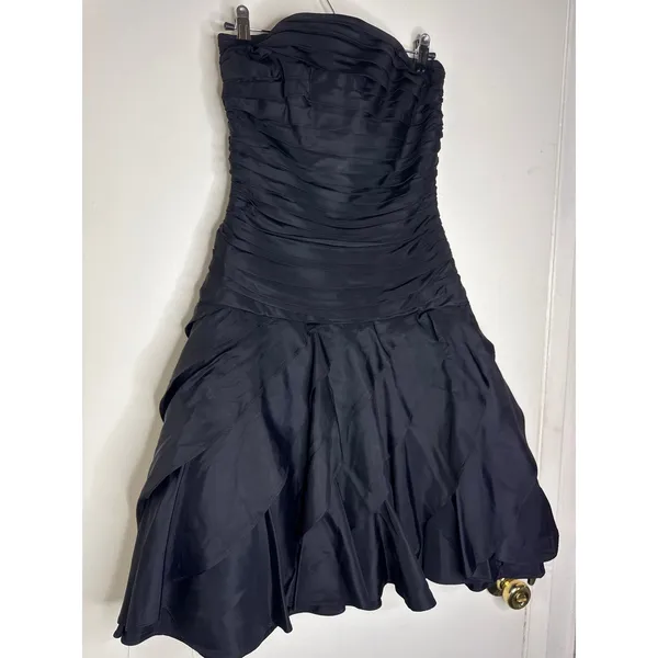 VTG 80s Tadashi Shoji Black Strapless Ruched & Ruffled Cocktail Dress Size 6 USA - Image 3