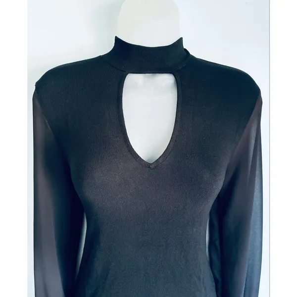 Lulus Black Long Sleeve Top Sheer Sleeves Keyhole V-Neck Modal Medium - Image 4