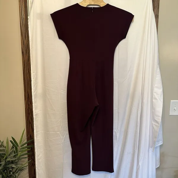 Express Medium Jumpsuit Full Length‎ Burgundy Short Sleeve Pockets Bow Tie Front - Image 5
