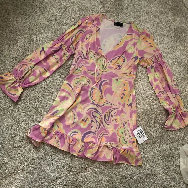New without tag ASOS elasticated sleeve tie neck mini dress in pink floral print - Image 6