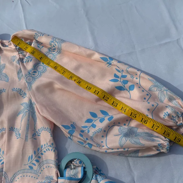 YOZY Pink Blue Palm Print Shirt Dress Belted Linen Blend Size L (8-10) - Image 8