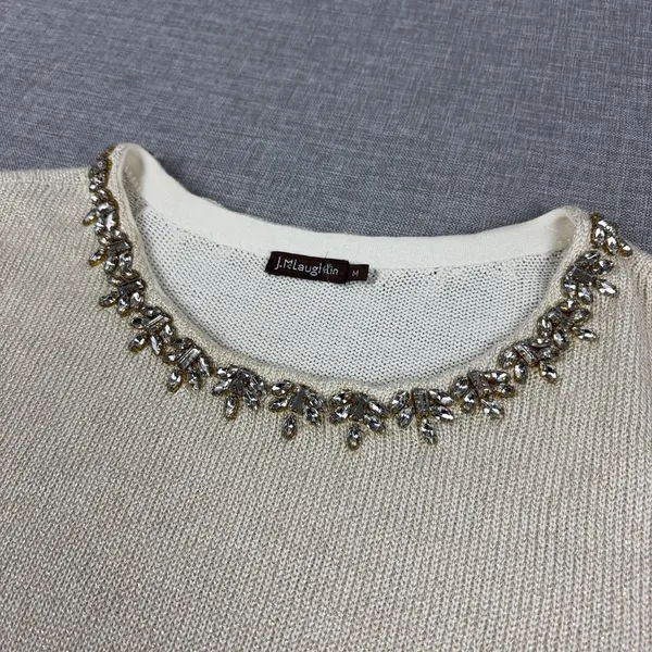 J McLaughlin Sweater Womens M White Jeweled Crew Neck Tight-Knit Pullover - Image 2