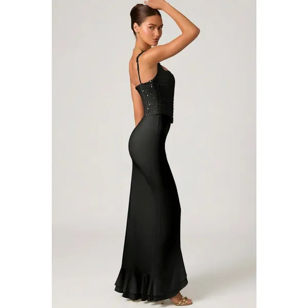 Oh Polly Robina Embellished Ruffle-Trim Corset Gown Maxi Dress in Black size 4 - Image 11