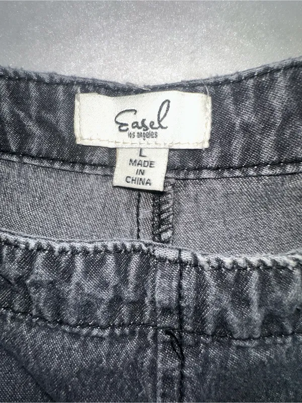EASEL Lg Washed Black Denim Overalls Paisley Bandana Distressed Wide Leg - Image 5