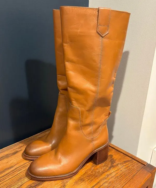 Zara Leather Knee High Block Heel Pull On Boots - Image 14