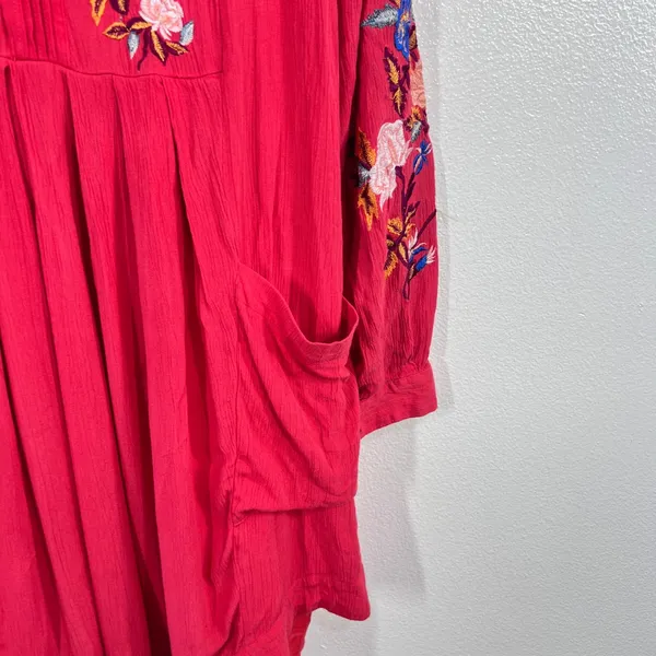 Free People‎ Mia Embroidered Mini Dress Large Red Floral Boho Gauzy Flawy - Image 8