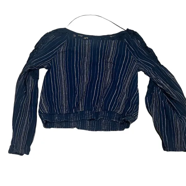Free People Women's Navy Striped Blouse V-Neck Balloon Sleeve S - Image 4