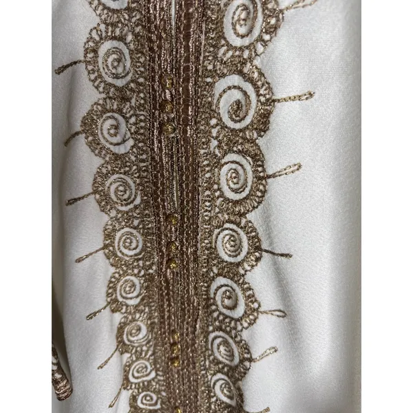 Traditional Moroccan Caftan White and Gold Hand Embroidered Maxi Dress - Image 3