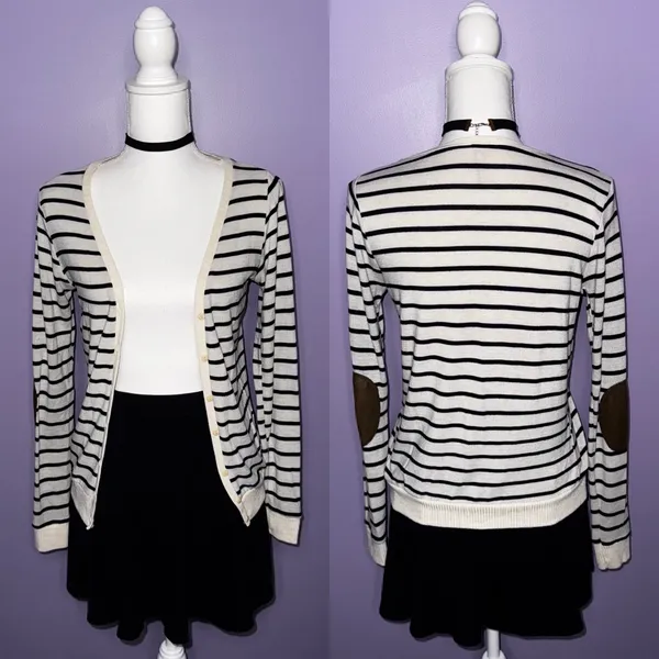 Poof! Striped Cream and Black Cardigan with Elbow Patches - Image 2
