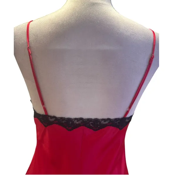 Victoria's Secret Satin Red Slip Dress With Black Lace Trim Side Slit S - Image 6
