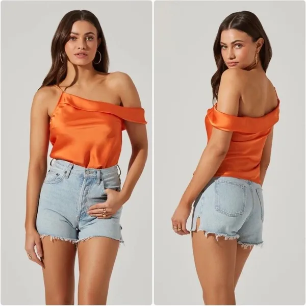 ASTR The Label Orange One Shoulder Top M Satin - Image 2