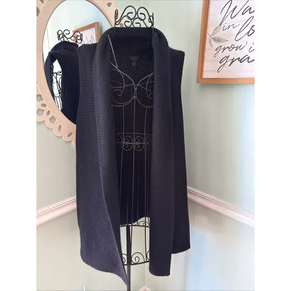 Charter‎ Club Luxury 100% Cashmere Black Duster Sweater Vest Ribbed - Image 2