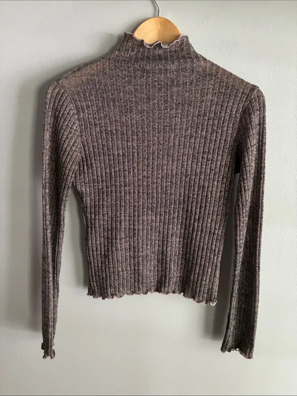 Chelsea & Violet Metallic Ribbed Mock Neck Crop Top Sheer Shimmer Long Sleeve S - Image 6