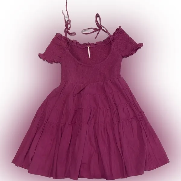 FREE PEOPLE HAPPY WITH YOU SMOCKED TIERED MINI DRESS IN pink plum xs - Image 3