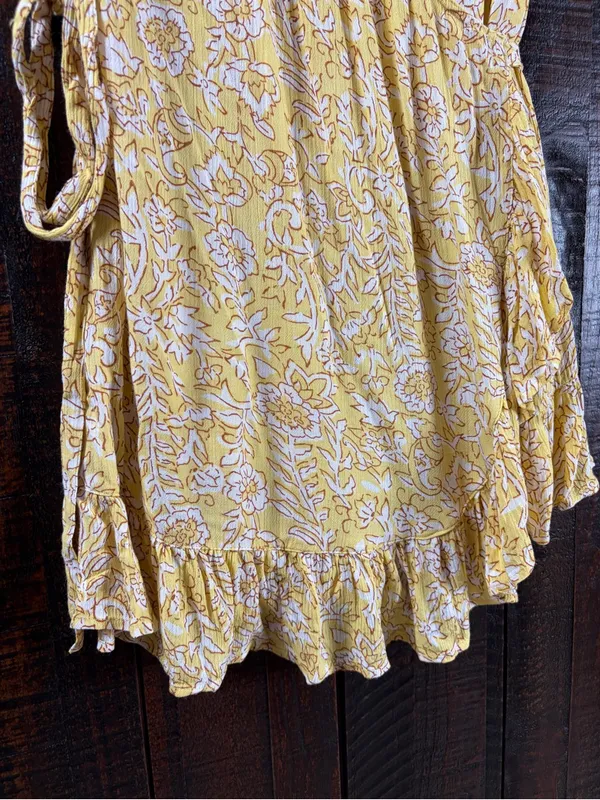 Billabong Yellow Floral Wrap Ruffle Dress Small - Image 4