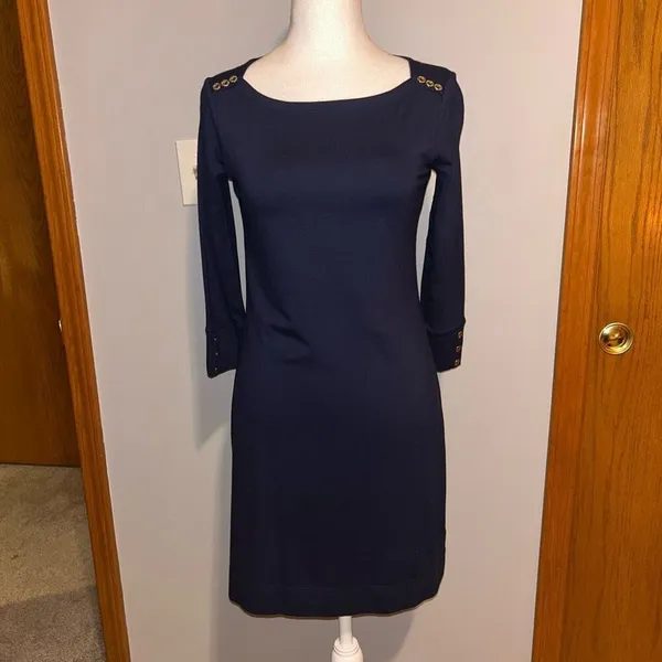Lilly Pulitzer UPF 50+ Sophie Dress Navy Blue 3/4 sleeve gold button size XS‎ - Image 2
