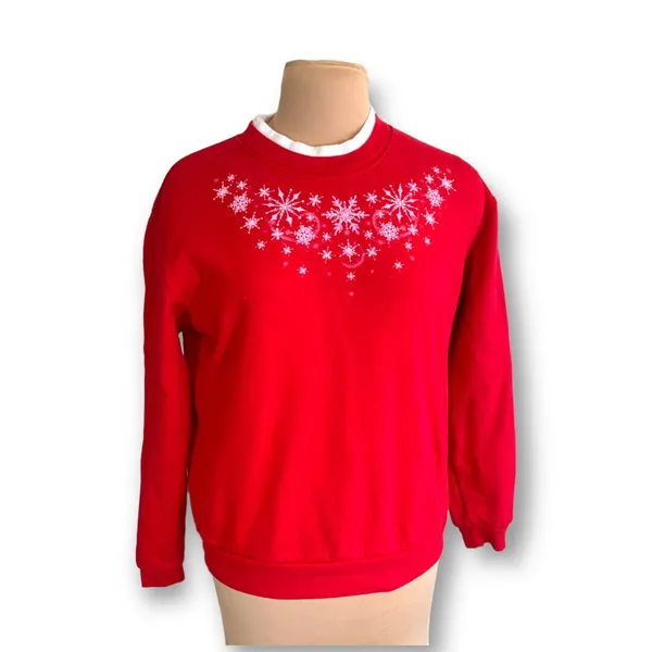 Vintage 90s Sweatshirt Crewneck Snowflakes Red White Grannycore Whimsical Winter - Image 3