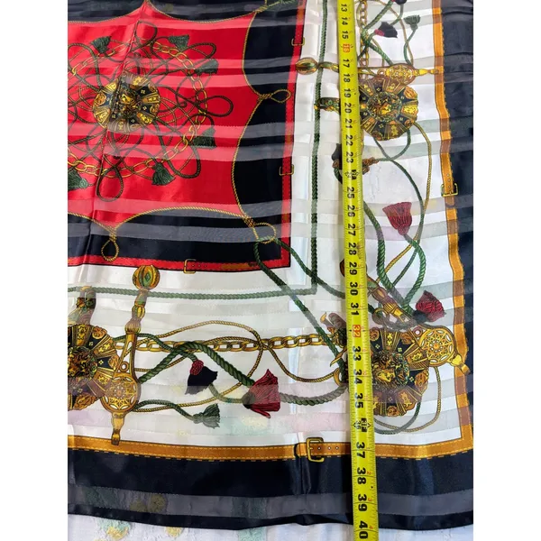 Vintage Equestrian Chain Print Square Scarf Red Black Gold‎ Tassel Sheer Stripe - Image 4