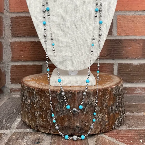 Layered Navajo Style Pearl & Turquoise Spaced Bead Necklaces - Image 2