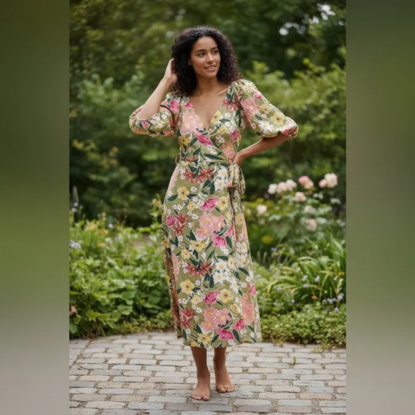 Vici Floral Puff Sleeve Wrap Midi Dress Size Small - Image 2