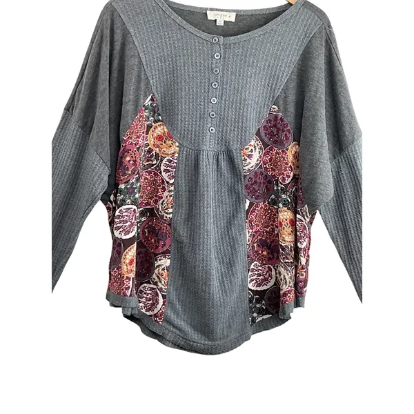 UMGEE USA Gray Waffle Knit Floral Patchwork Button Front‎ Tunic Top XL - Image 9