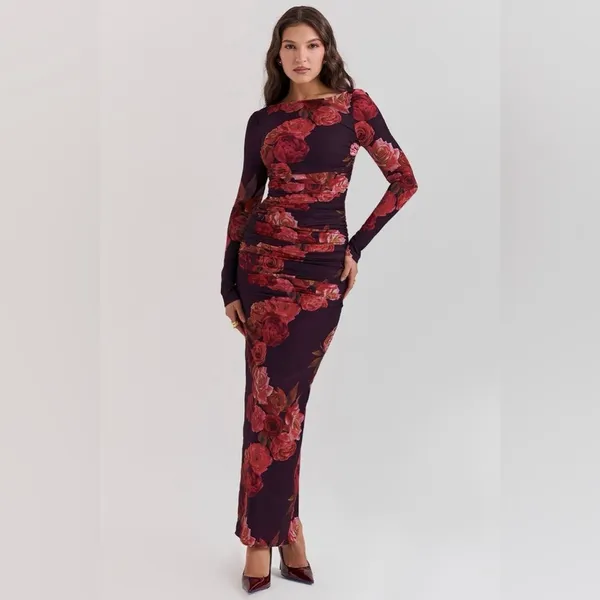 House of CB Ruched Georgette Rose Longsleeve Maxi Dress XS - Floral - Image 2