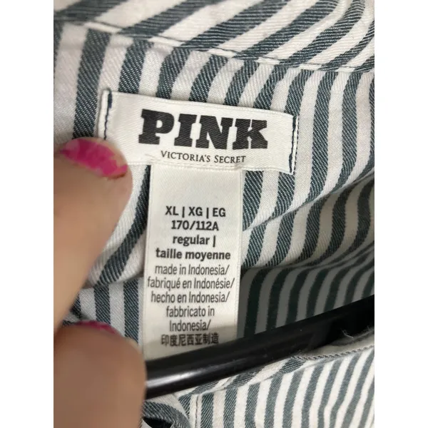 PINK Pajama Set Womens XL Green White Striped Excellent Velvet Trim Cotton Blend - Image 2