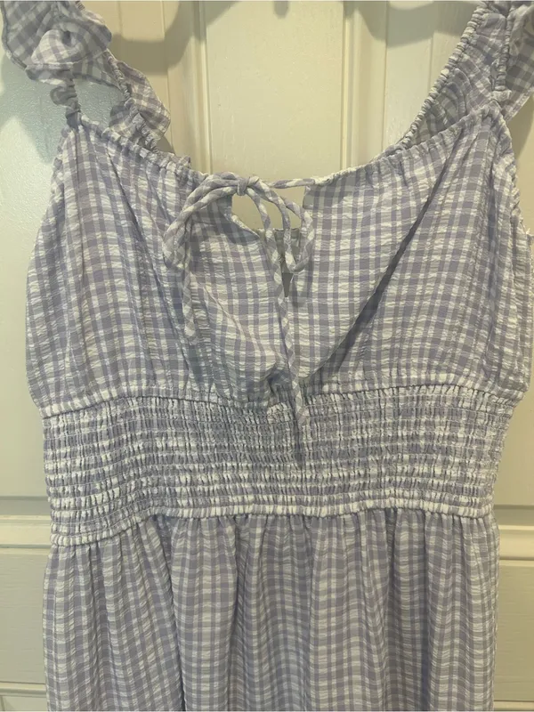Wayf Blue and White Gingham Smocked Mini Dress with Ruffle Straps - Image 4