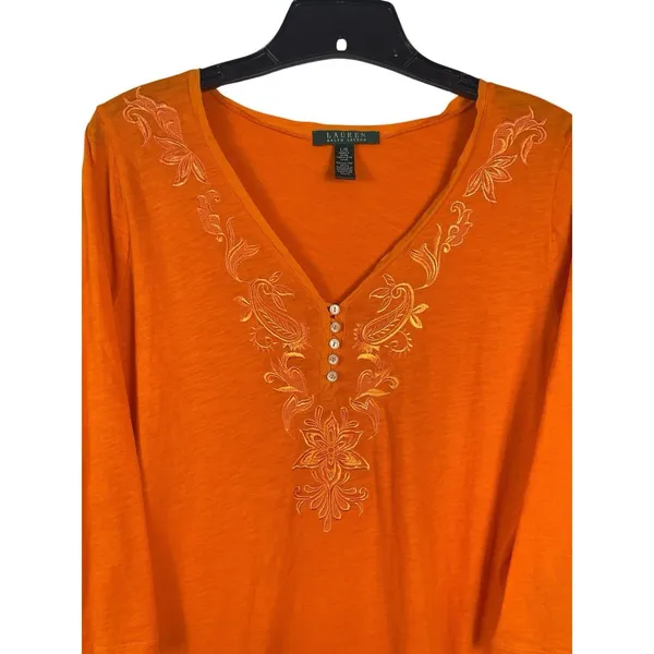 Lauren Ralph Lauren Orange 3/4 Sleeve Henley Top L Southwestern Boho - Image 2