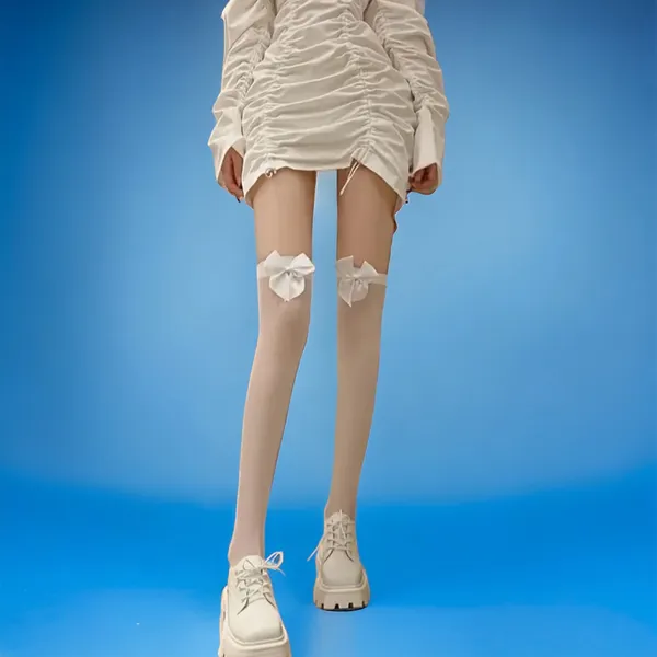 White Bow Thin Light‎ Smooth Over The Knee Socks Women's Stockings One Size - Image 12