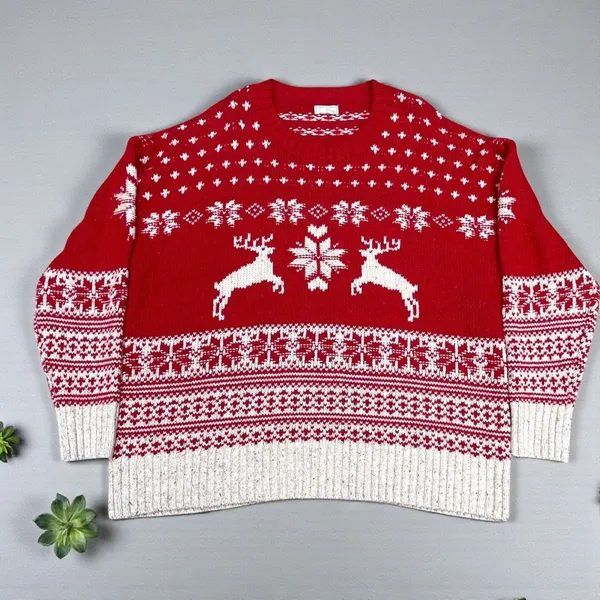 Fat Face UK Wool Blend Fair Isle Red Cream Reindeer Ski Resort Sweater Size 18 - Image 2