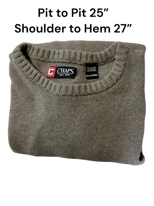 Chaps Mens Crewneck Sweater Gray 100% Cotton Long Sleeve Classic Knit XXL - Image 3