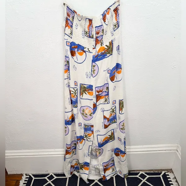 Paper Heart Strapless Maxi Dress Womens L Ivory Postcard Print Smocked Back Side - Image 2
