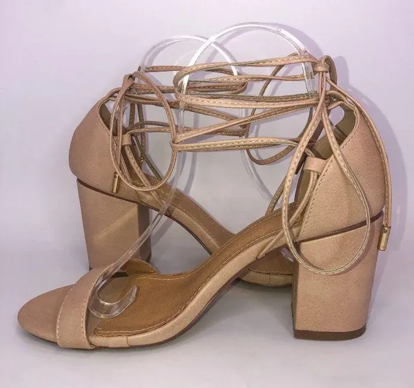 Lulus Open Toe Chunky Square Heel Lace up Calf Heels Nude Beige 7.5 Wore Once - Image 7