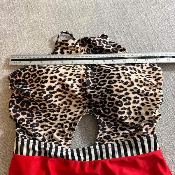 Leopard Print Cut Out‎ One Piece Swimsuit Red Bottom Striped Waistband Monokini - Image 4