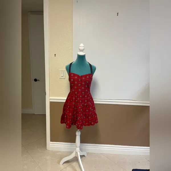 Free People Floral‎ Halter Mini Dress Anthropologie Pin Up Style Red Gray Size 6 - Image 4