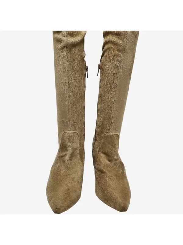 Suede Pointed Toe Over The Knees Thigh High Stretchy Heeled Boot - Image 14