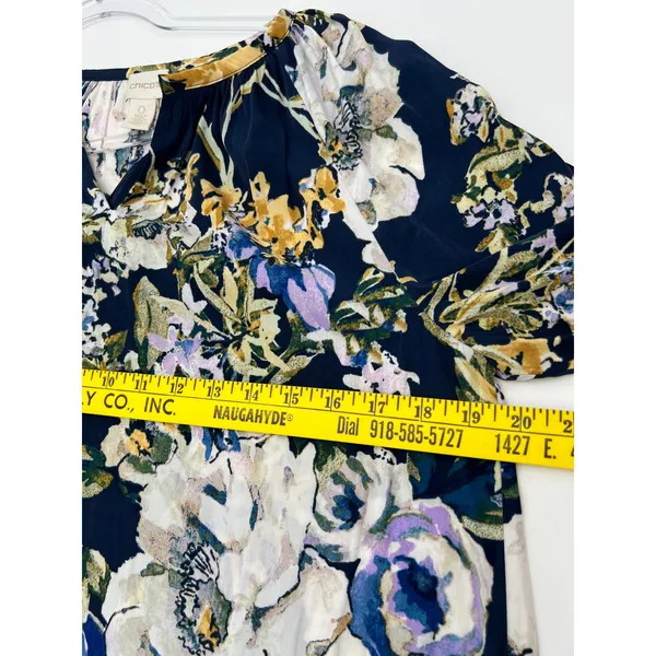 CHICO'S 0 Floral Peasant Blouse Women Small 4 Navy Blue Long Sleeve Split‎ Neck - Image 7