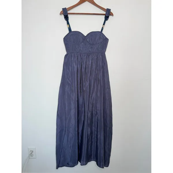 AMUR Bustier Corset Midi Dress Navy Taffeta Fit Flare Cocktail Small - Image 2